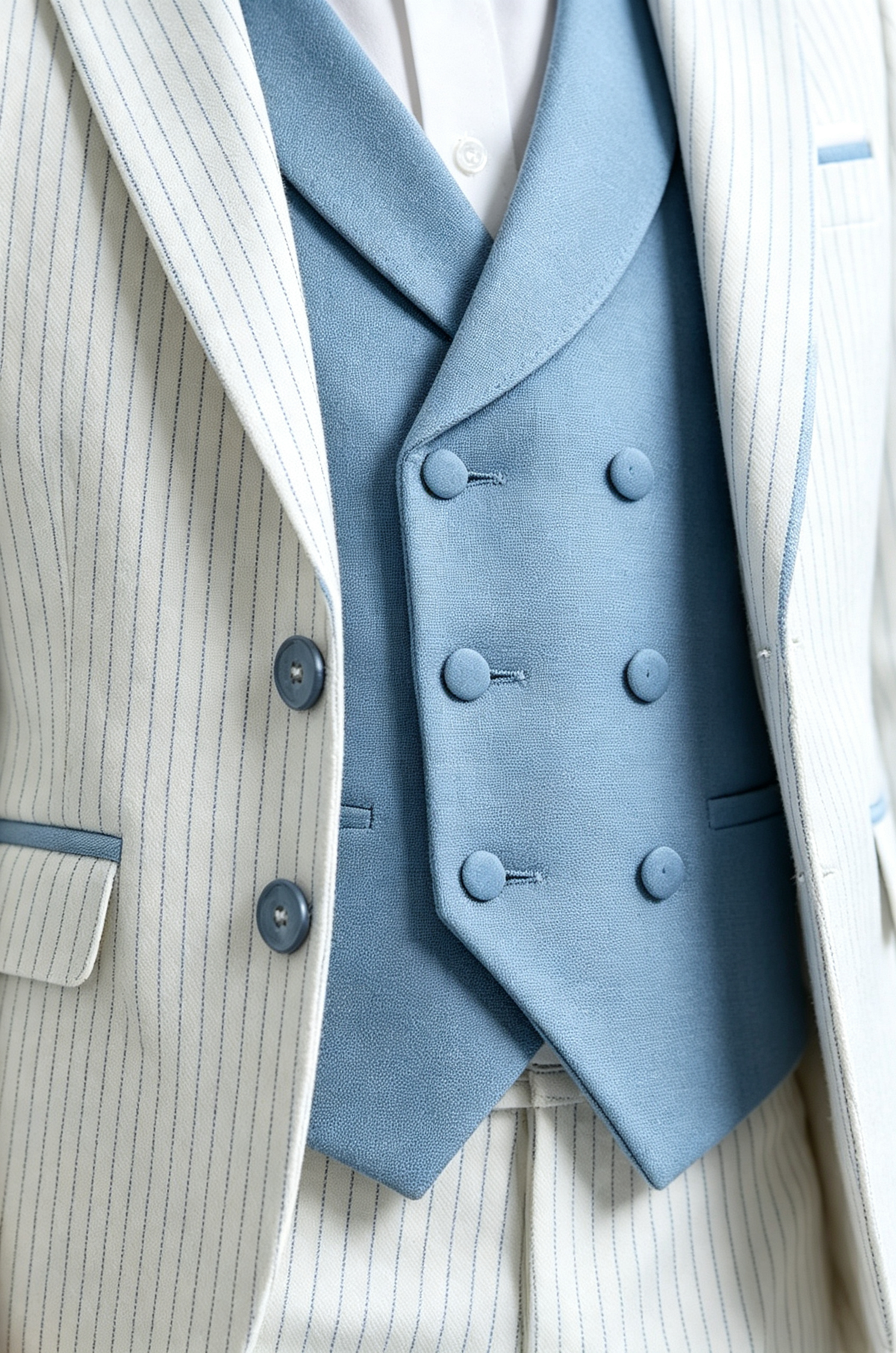 White & Sky‑Blue Pinstripe Single‑Breasted Formal 3‑Piece Suit Set