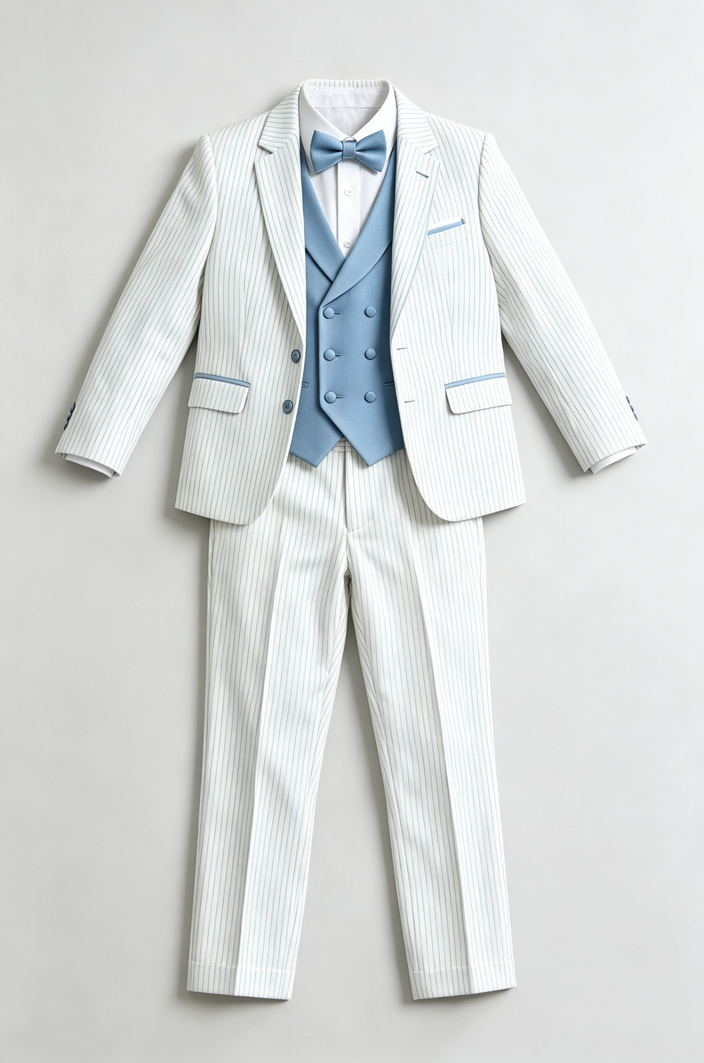 White & Sky‑Blue Pinstripe Single‑Breasted Formal 3‑Piece Suit Set
