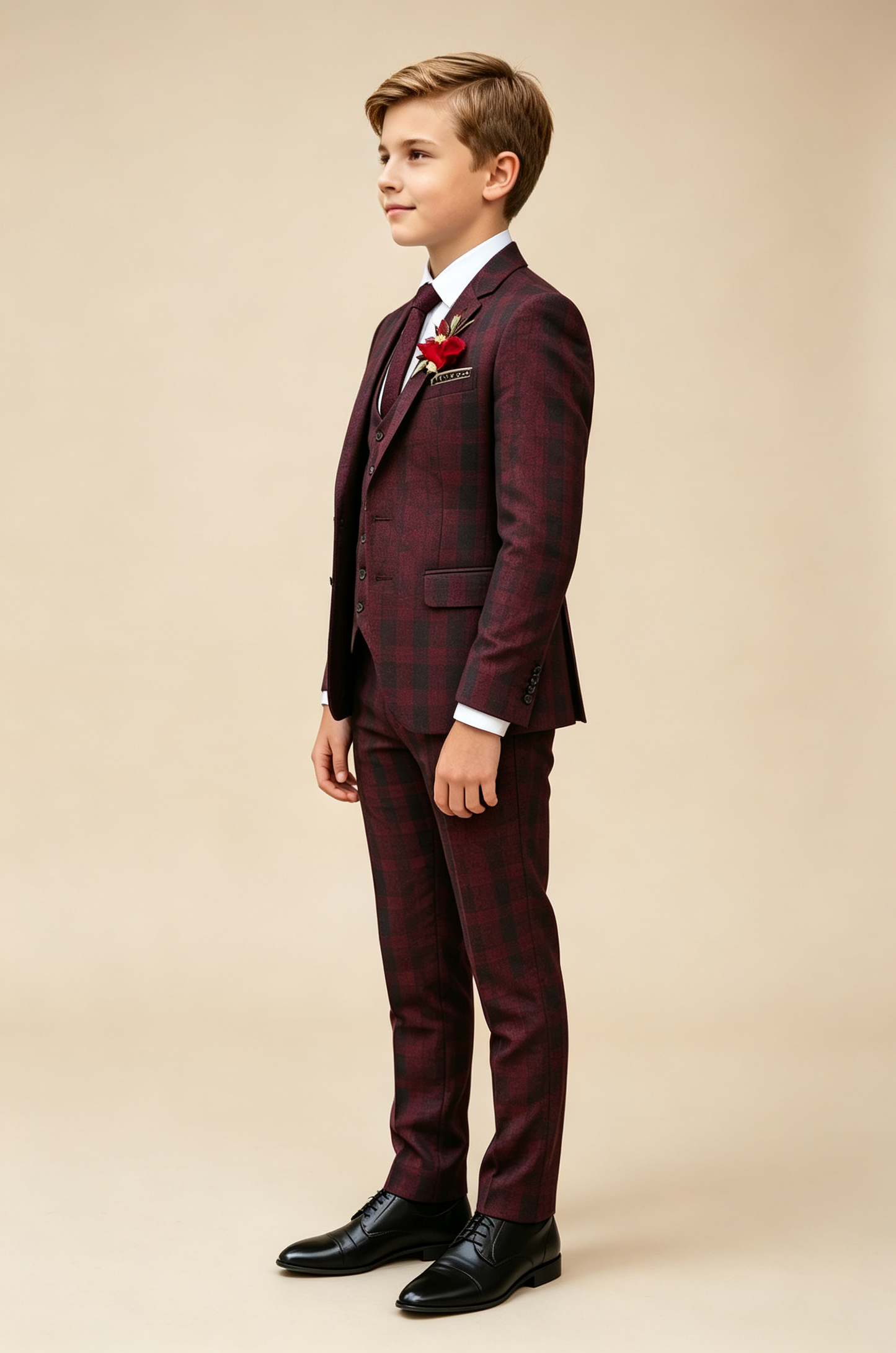 Dark‑Red Plaid Single‑Breasted Formal 3‑Piece Suit Set
