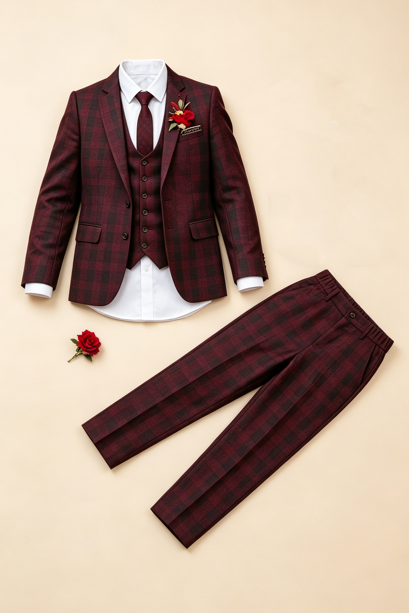 Dark‑Red Plaid Single‑Breasted Formal 3‑Piece Suit Set