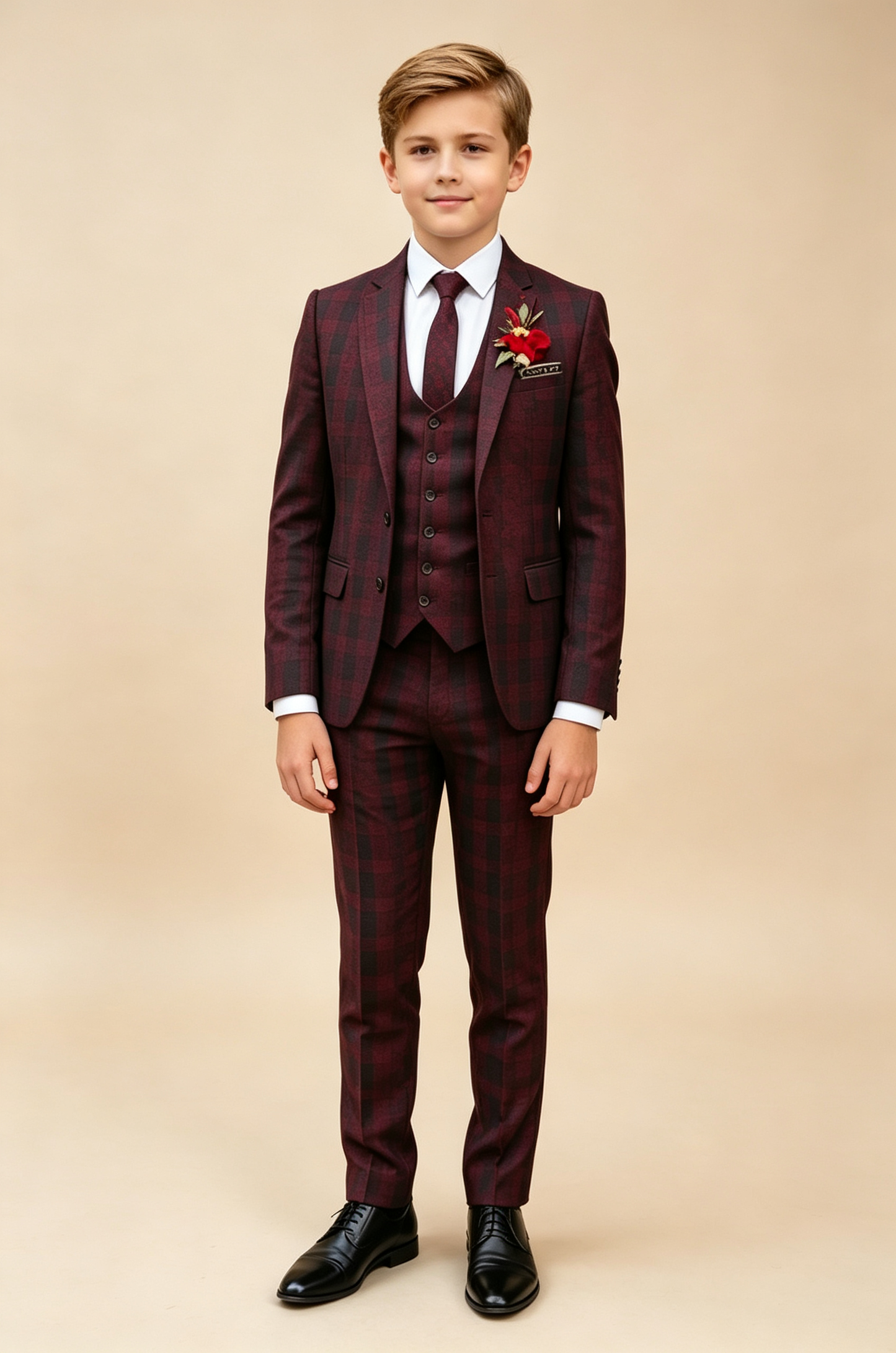 Dark‑Red Plaid Single‑Breasted Formal 3‑Piece Suit Set