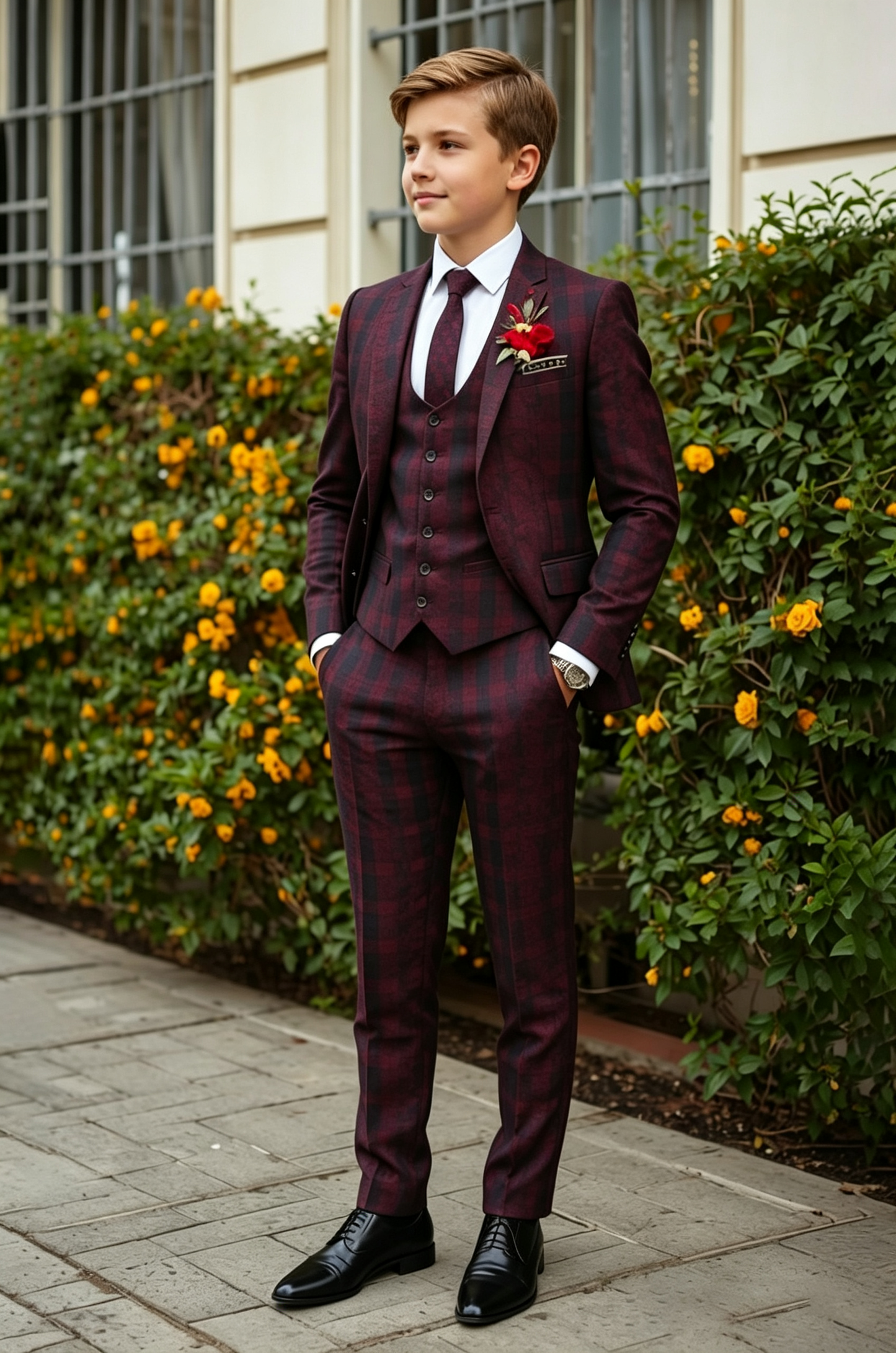 Dark‑Red Plaid Single‑Breasted Formal 3‑Piece Suit Set