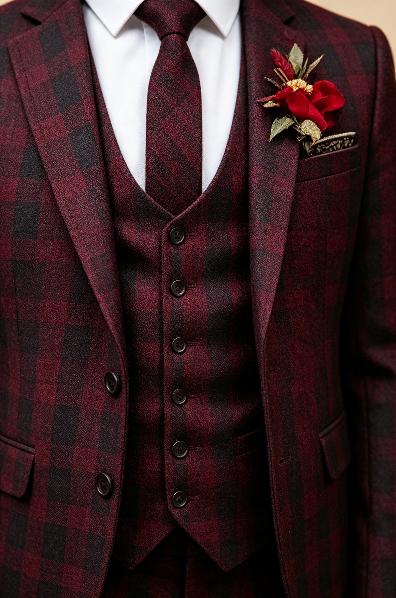 Dark‑Red Plaid Single‑Breasted Formal 3‑Piece Suit Set