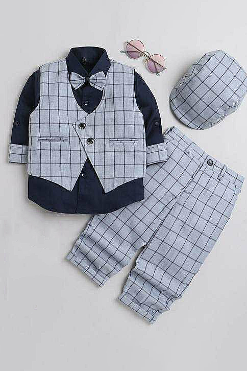 Light Grey Checkered V‑Neck Single‑Breasted 2‑Piece Waistcoat Suit Set