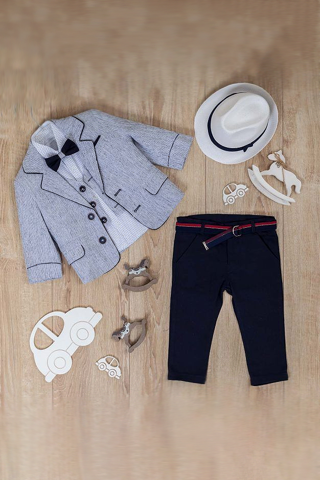 Light Grey & Navy Blue Piping Single‑Breasted Formal 3‑Piece Suit Set