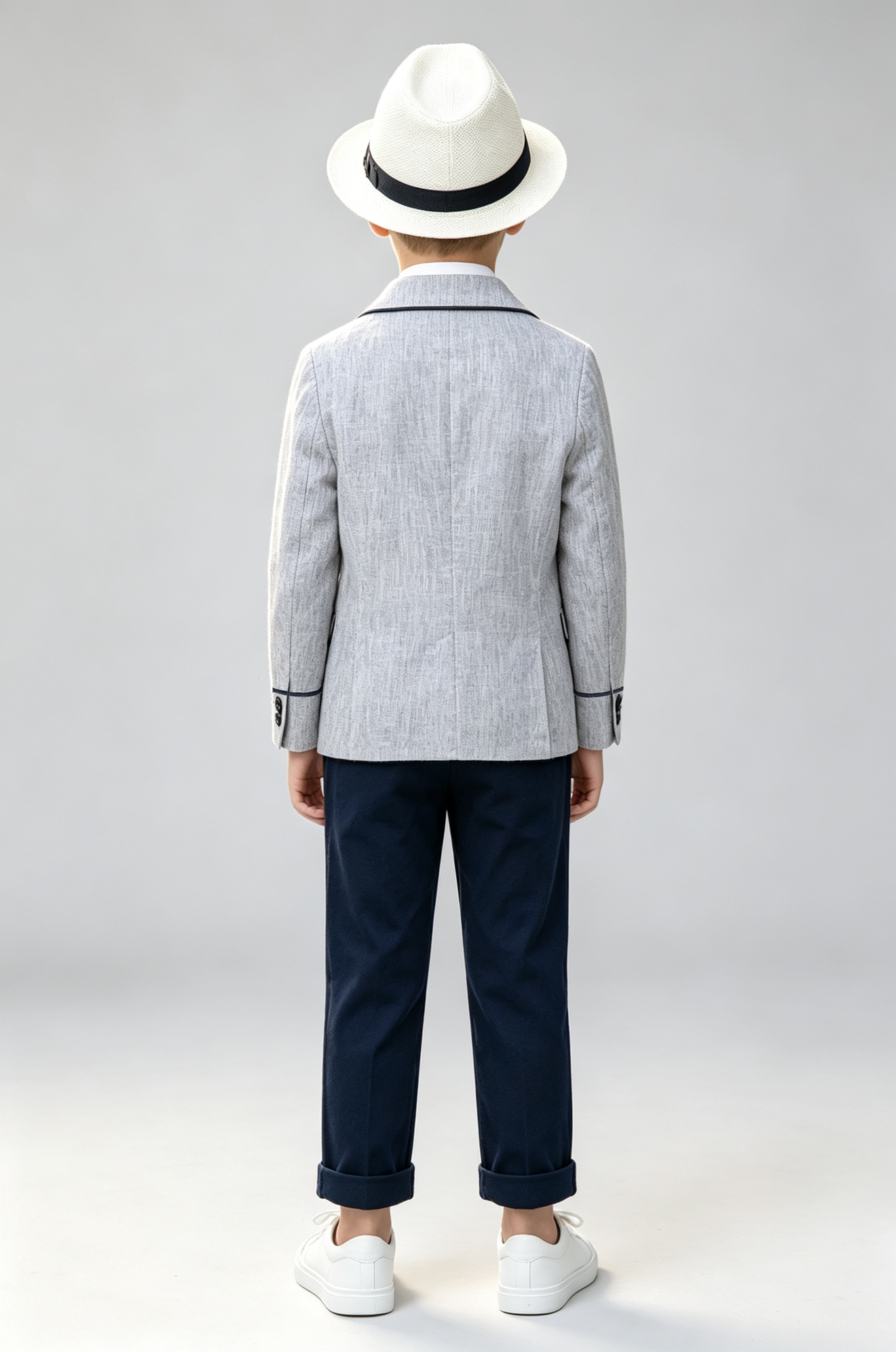 Light Grey & Navy Blue Piping Single‑Breasted Formal 3‑Piece Suit Set
