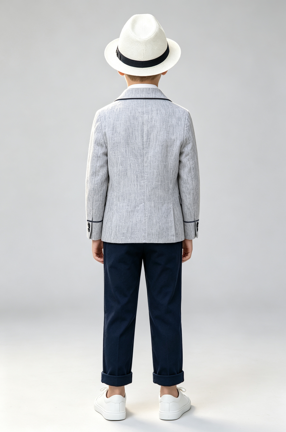 Light Grey & Navy Blue Piping Single‑Breasted Formal 3‑Piece Suit Set
