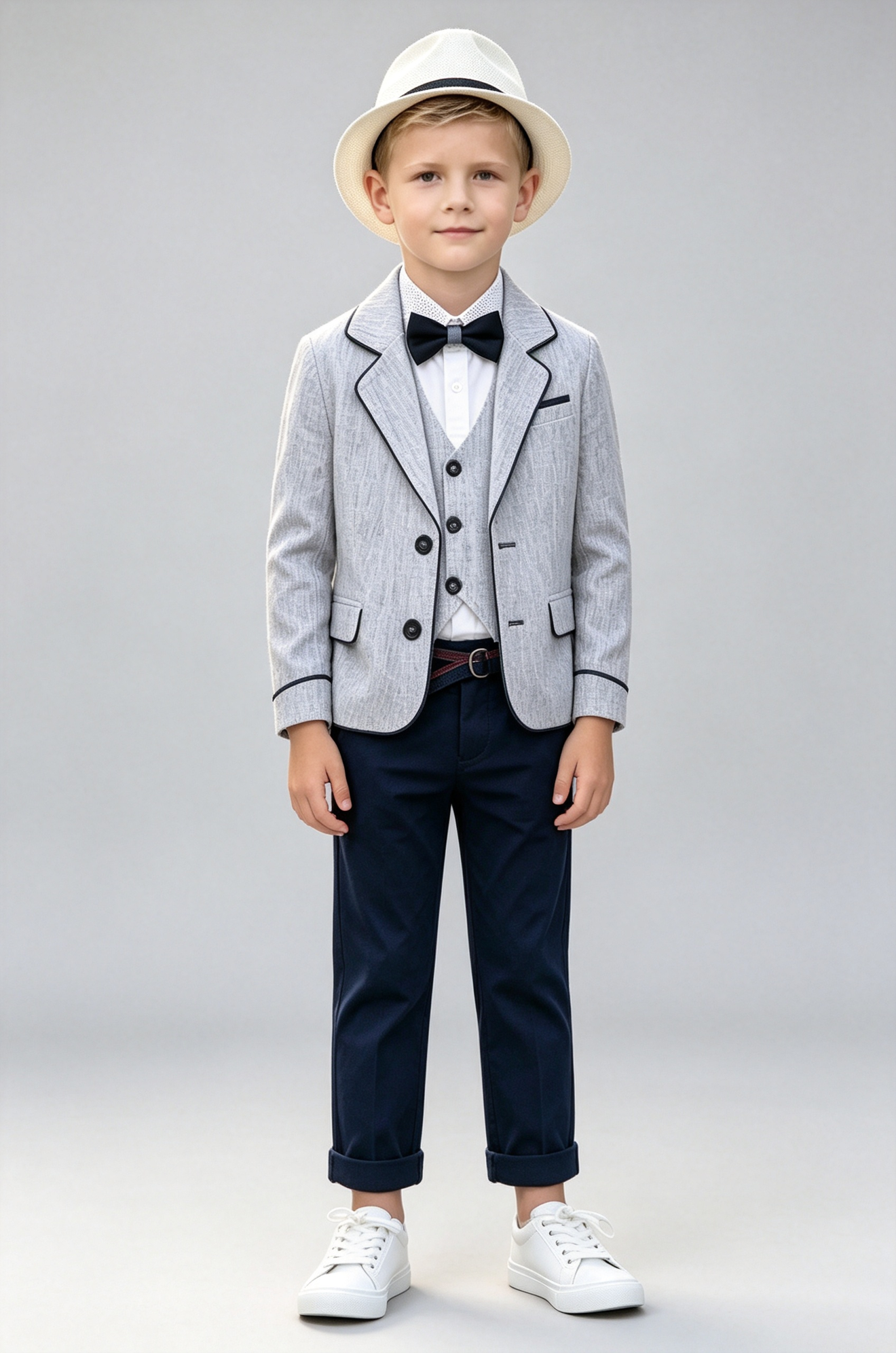 Light Grey & Navy Blue Piping Single‑Breasted Formal 3‑Piece Suit Set