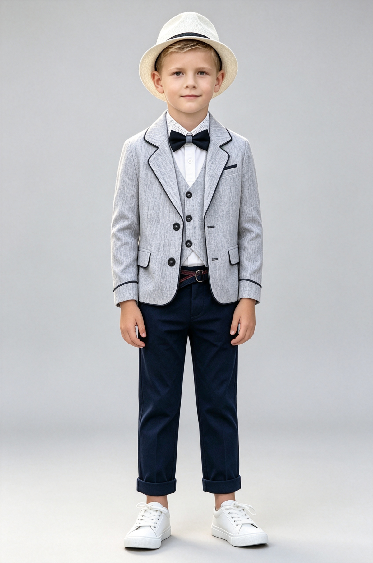 Light Grey & Navy Blue Piping Single‑Breasted Formal 3‑Piece Suit Set