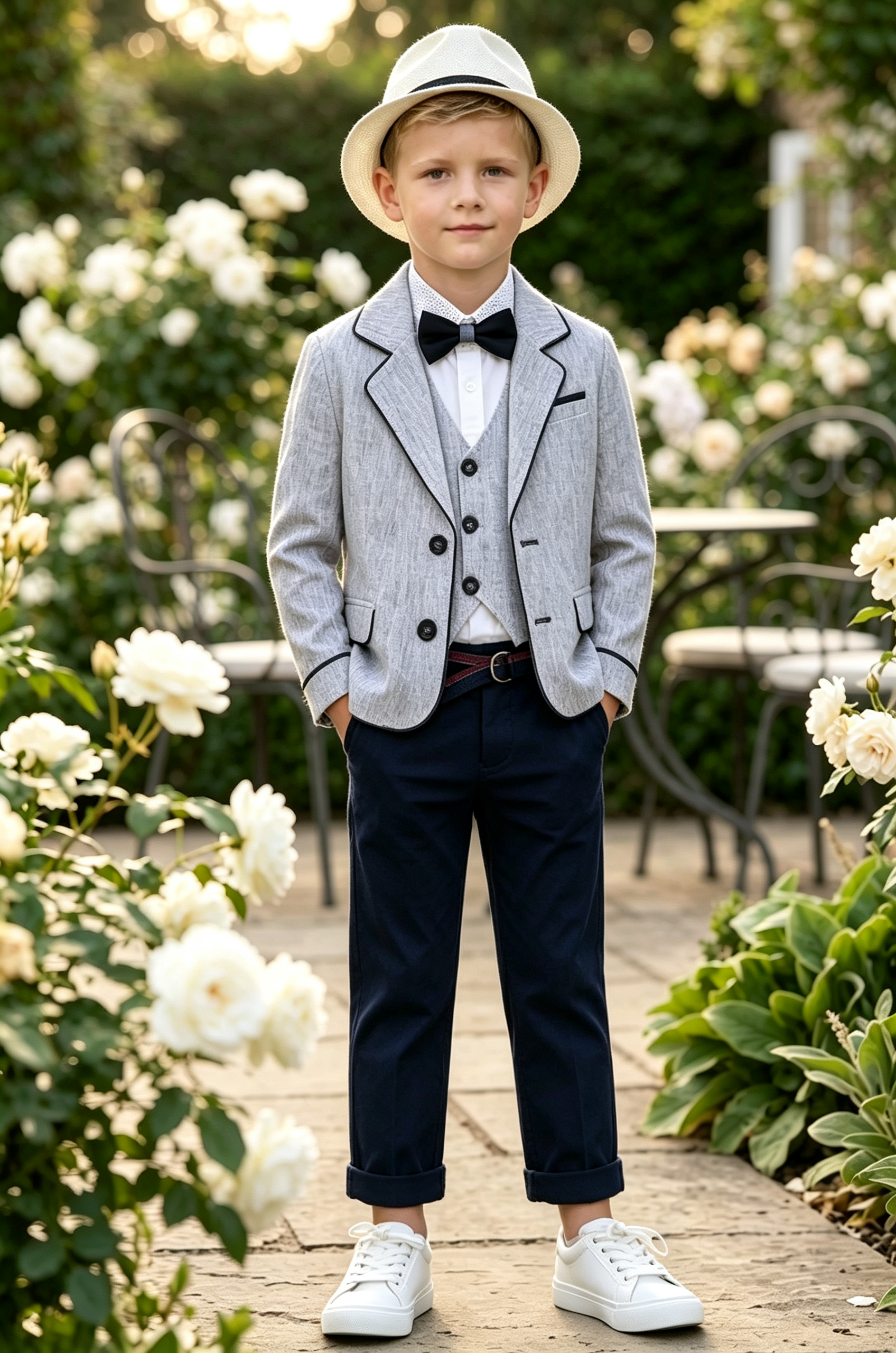 Light Grey & Navy Blue Piping Single‑Breasted Formal 3‑Piece Suit Set