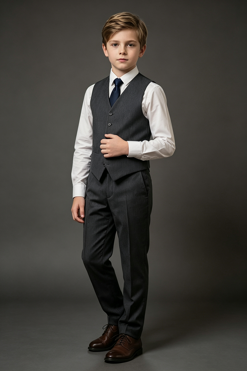 Boys Dark Grey Pinstripe Waistcoat & Trousers 2-Piece Suit for Wedding