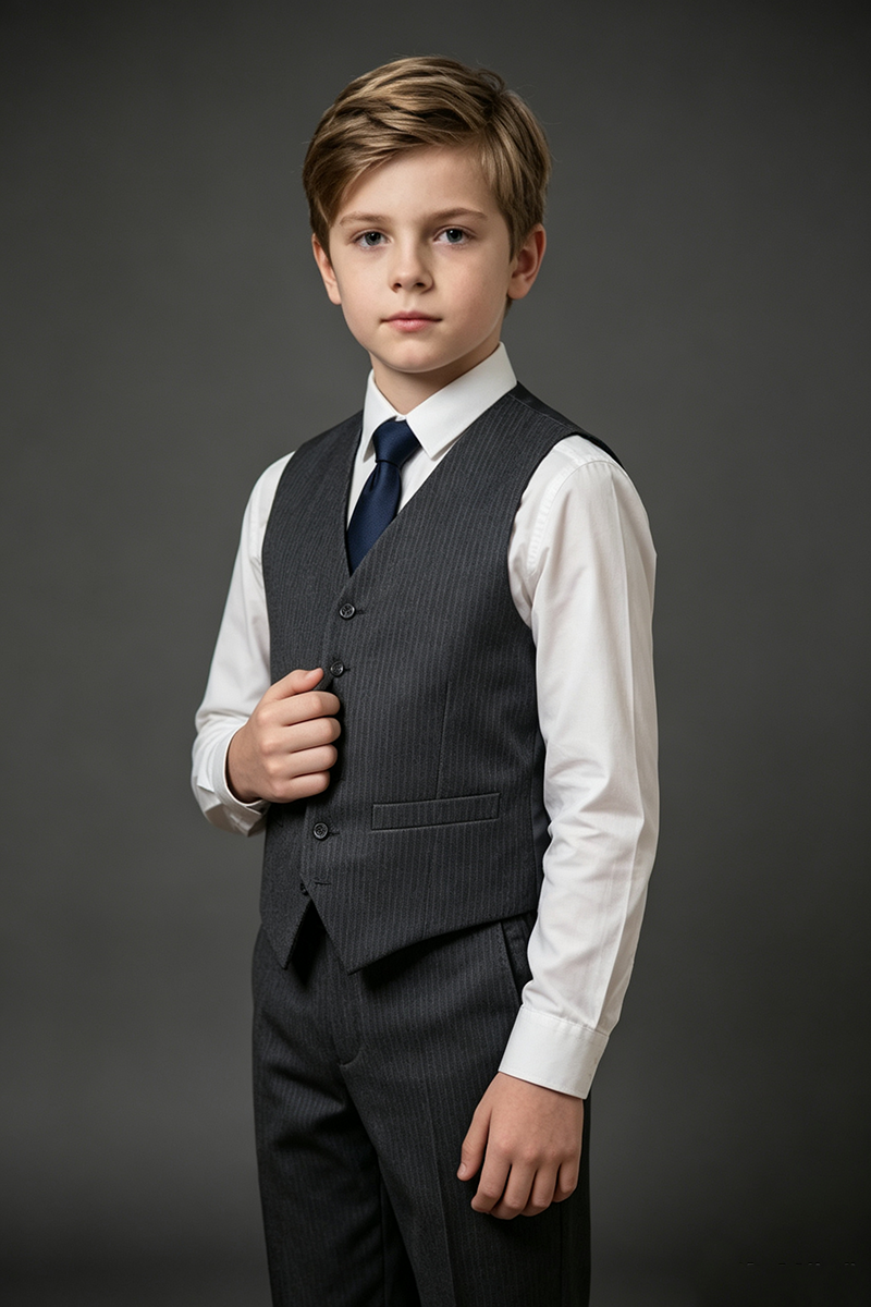 Boys Dark Grey Pinstripe Waistcoat & Trousers 2-Piece Suit for Wedding