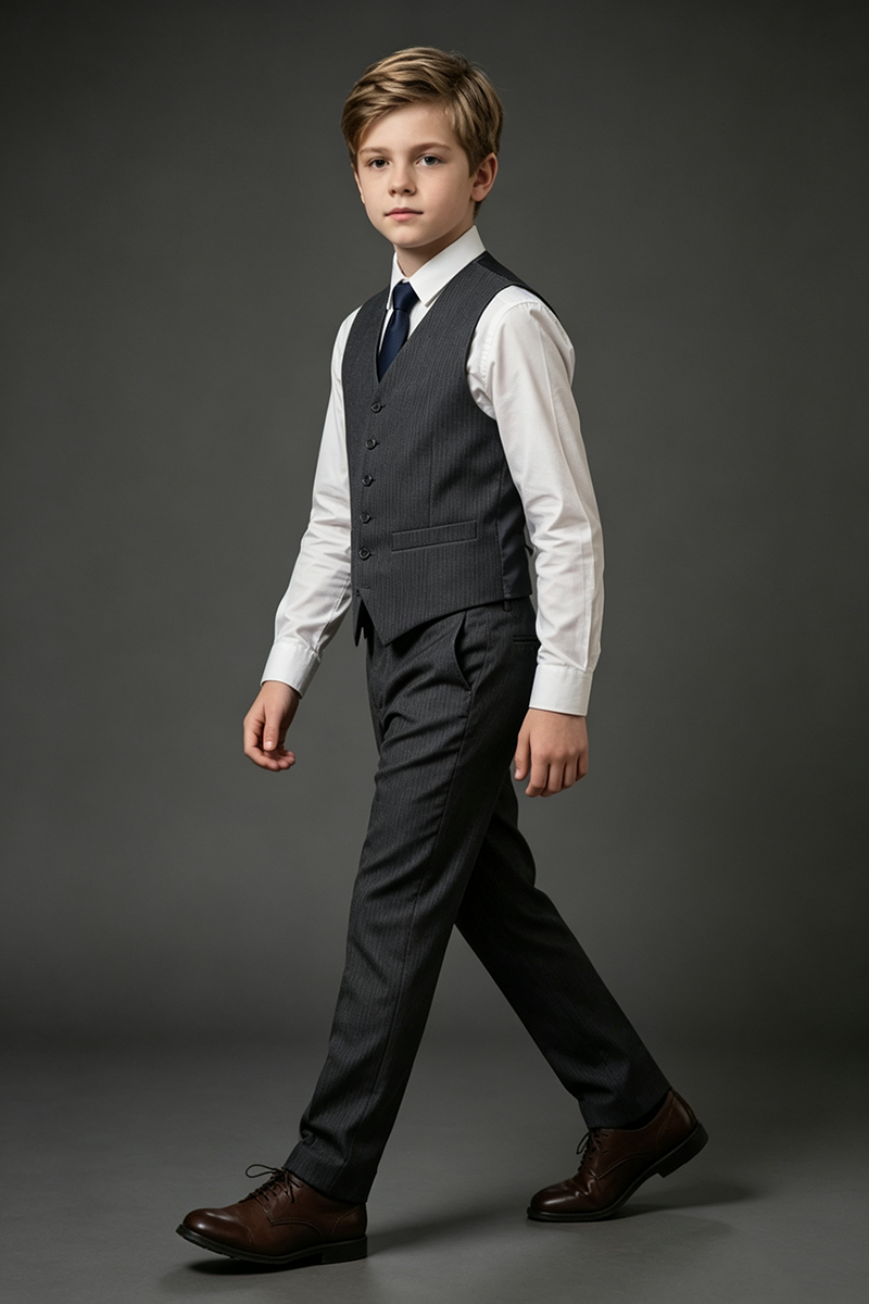 Boys Dark Grey Pinstripe Waistcoat & Trousers 2-Piece Suit for Wedding