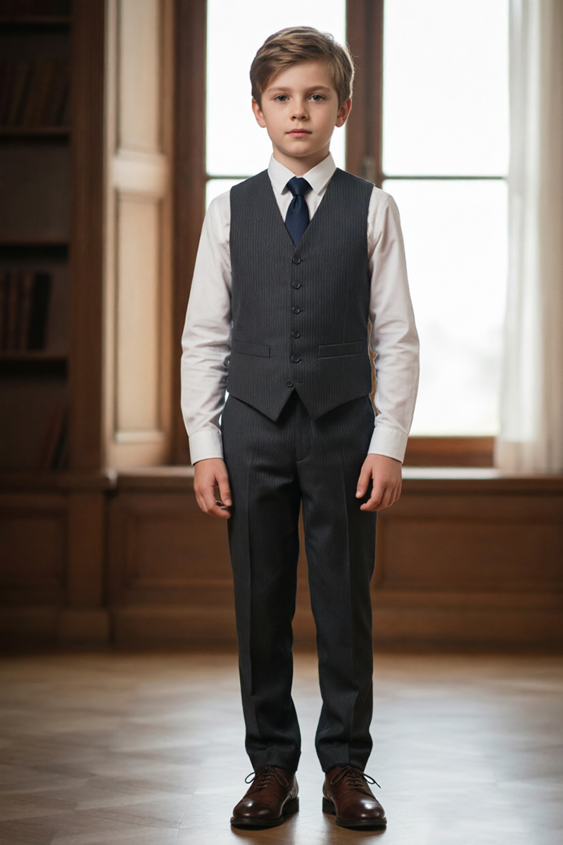Boys Dark Grey Pinstripe Waistcoat & Trousers 2-Piece Suit for Wedding