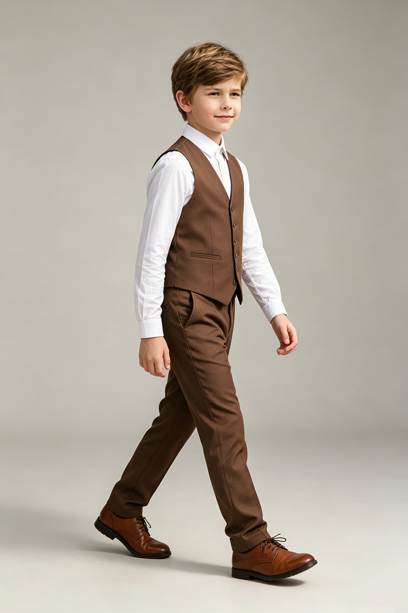 Boys Brown Waistcoat & Trousers 2-Piece Suit Two-Piece Suit for Wedding