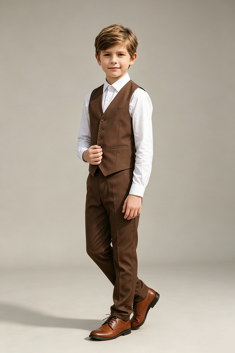 Boys Brown Waistcoat & Trousers 2-Piece Suit Two-Piece Suit for Wedding