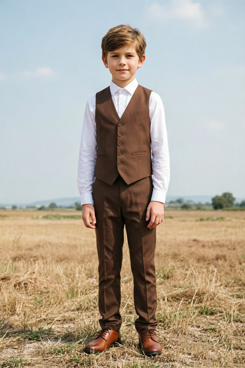 Boys Brown Waistcoat & Trousers 2-Piece Suit Two-Piece Suit for Wedding