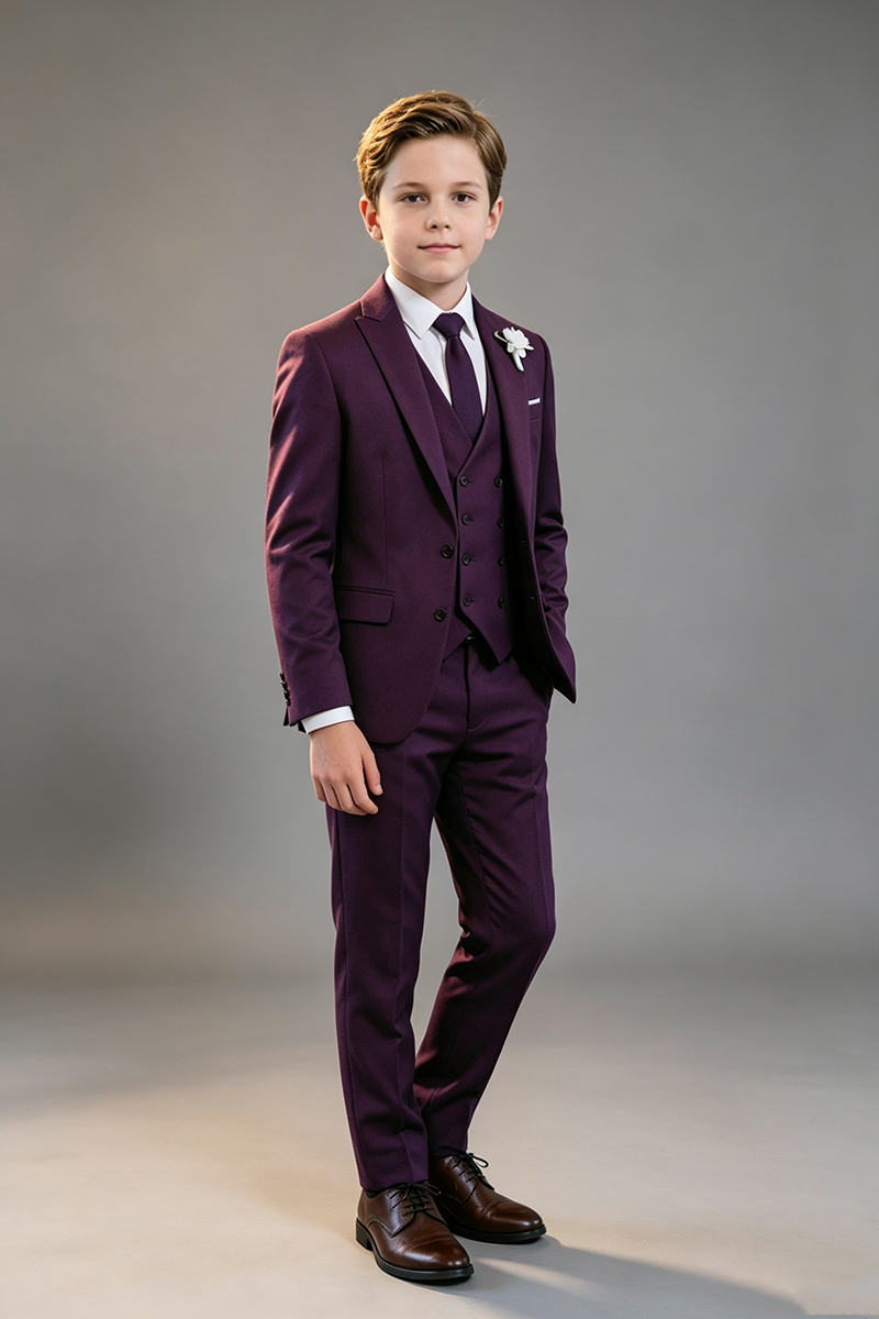 Boys Deep Purple Classic Notch Lapel 3-Piece Suit for Weddings