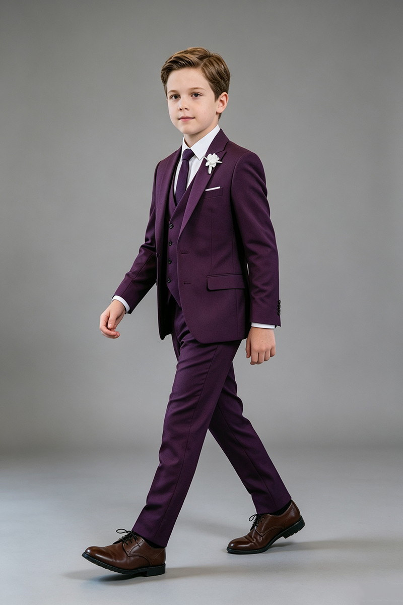 Boys Deep Purple Classic Notch Lapel 3-Piece Suit for Weddings