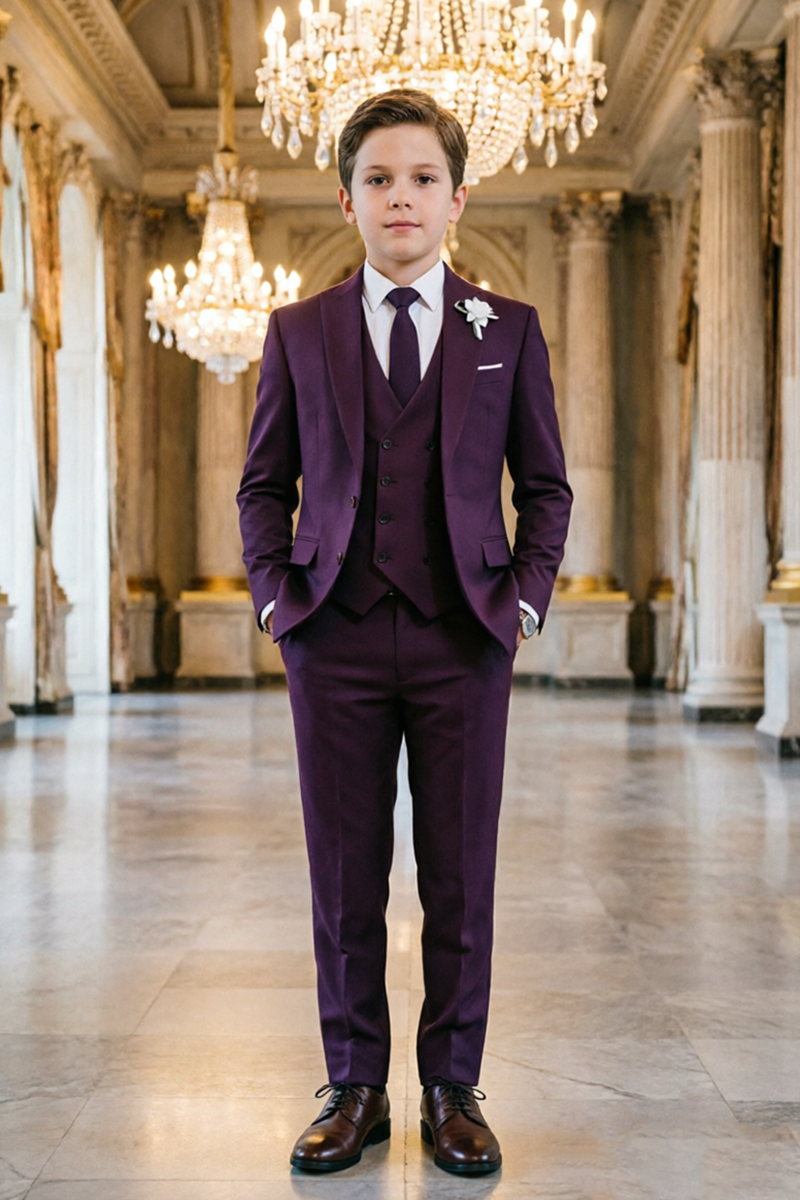 Boys Deep Purple Classic Notch Lapel 3-Piece Suit for Weddings
