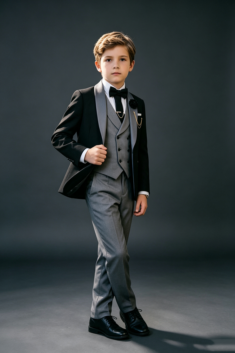 Boys Black & Gray Tuxedo 3-Piece Suit for Weddings
