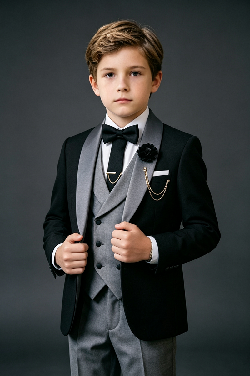 Boys Black & Gray Tuxedo 3-Piece Suit for Weddings