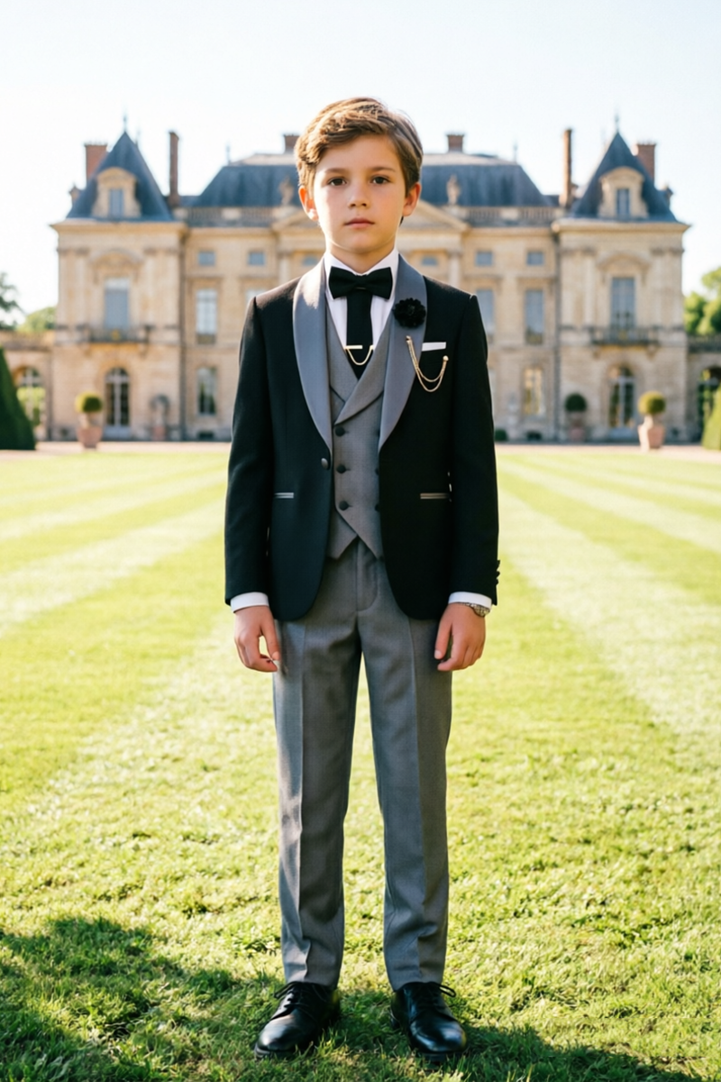 Boys Black & Gray Tuxedo 3-Piece Suit for Weddings