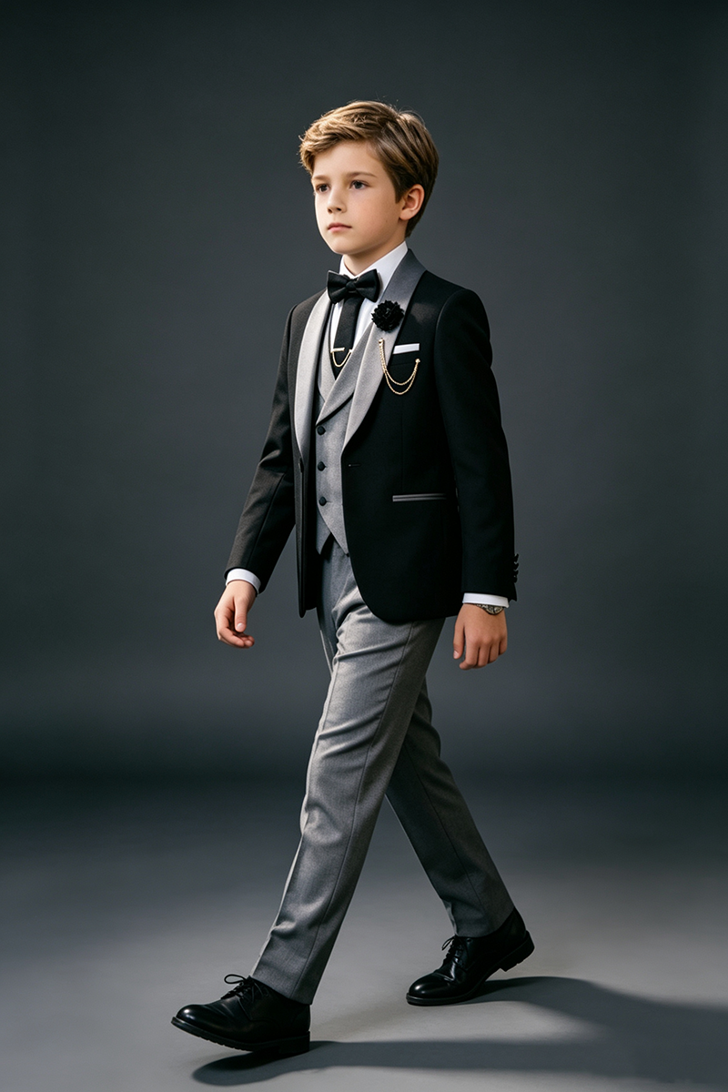 Boys Black & Gray Tuxedo 3-Piece Suit for Weddings