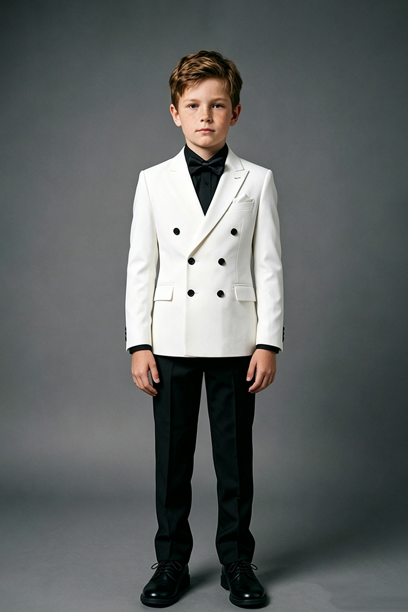Boys White & Black Double‑Breasted Notch Lapel 2-Piece Suit for Weddings