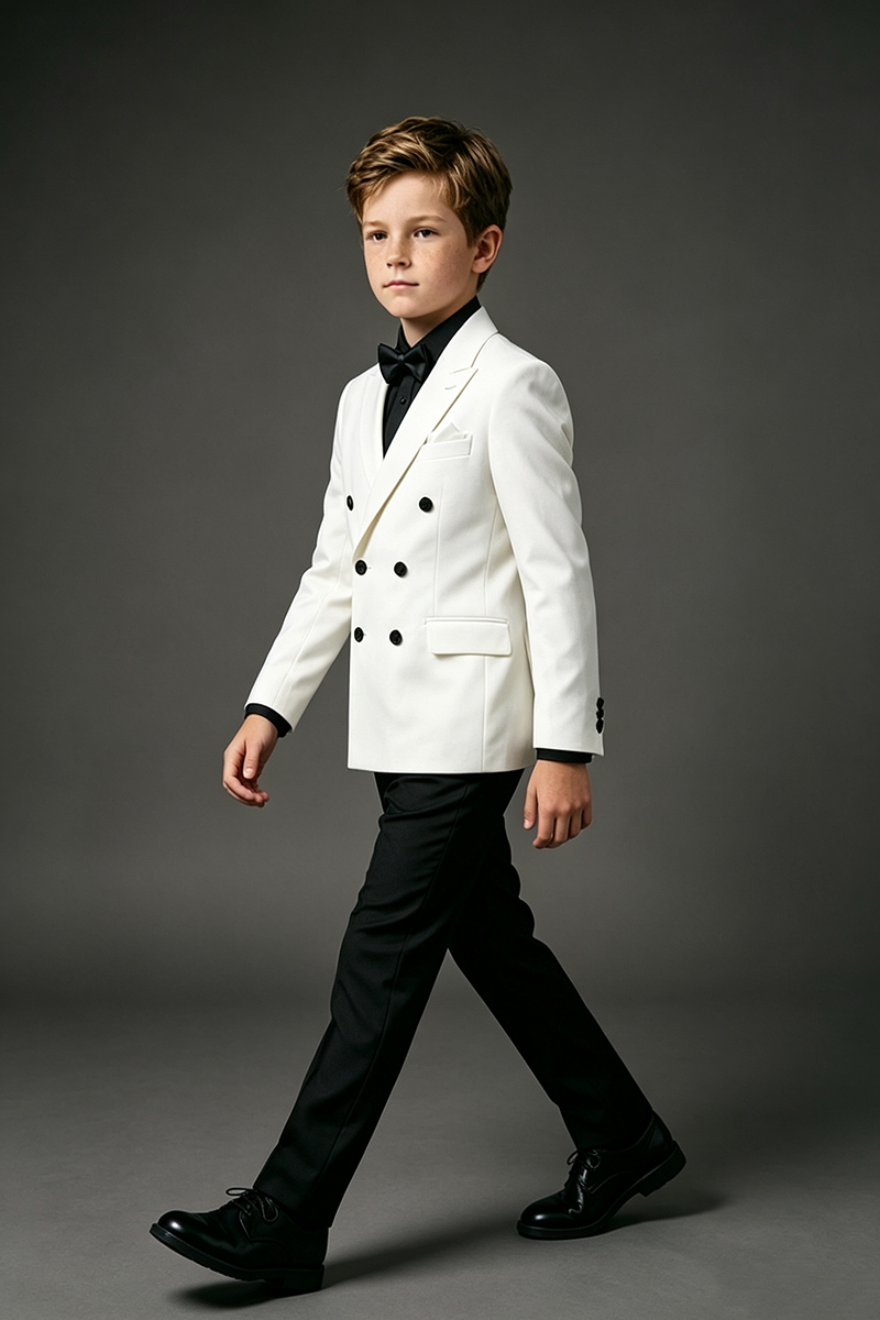 Boys White & Black Double‑Breasted Notch Lapel 2-Piece Suit for Weddings