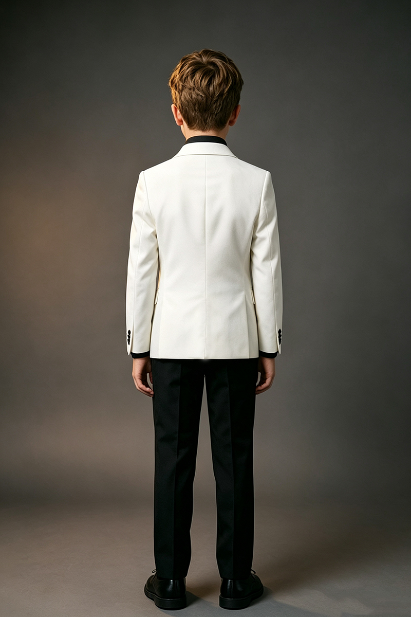 Boys White & Black Double‑Breasted Notch Lapel 2-Piece Suit for Weddings