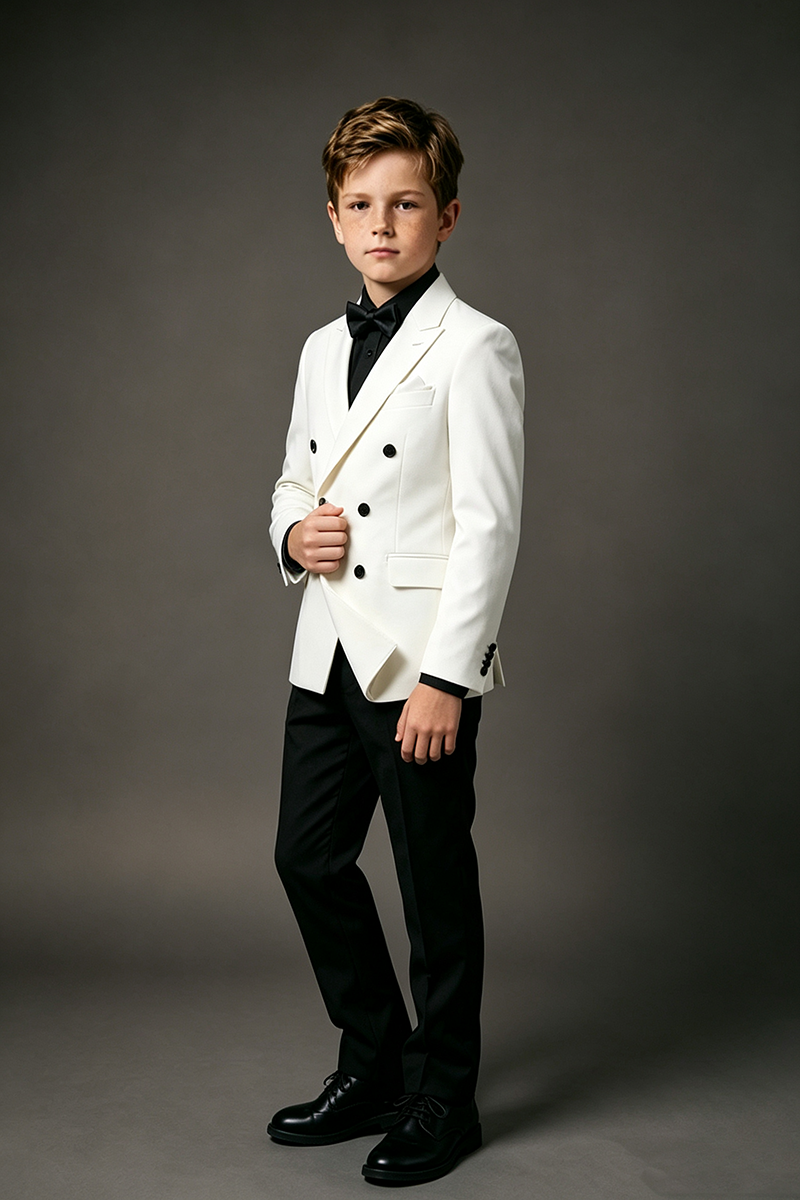 Boys White & Black Double‑Breasted Notch Lapel 2-Piece Suit for Weddings