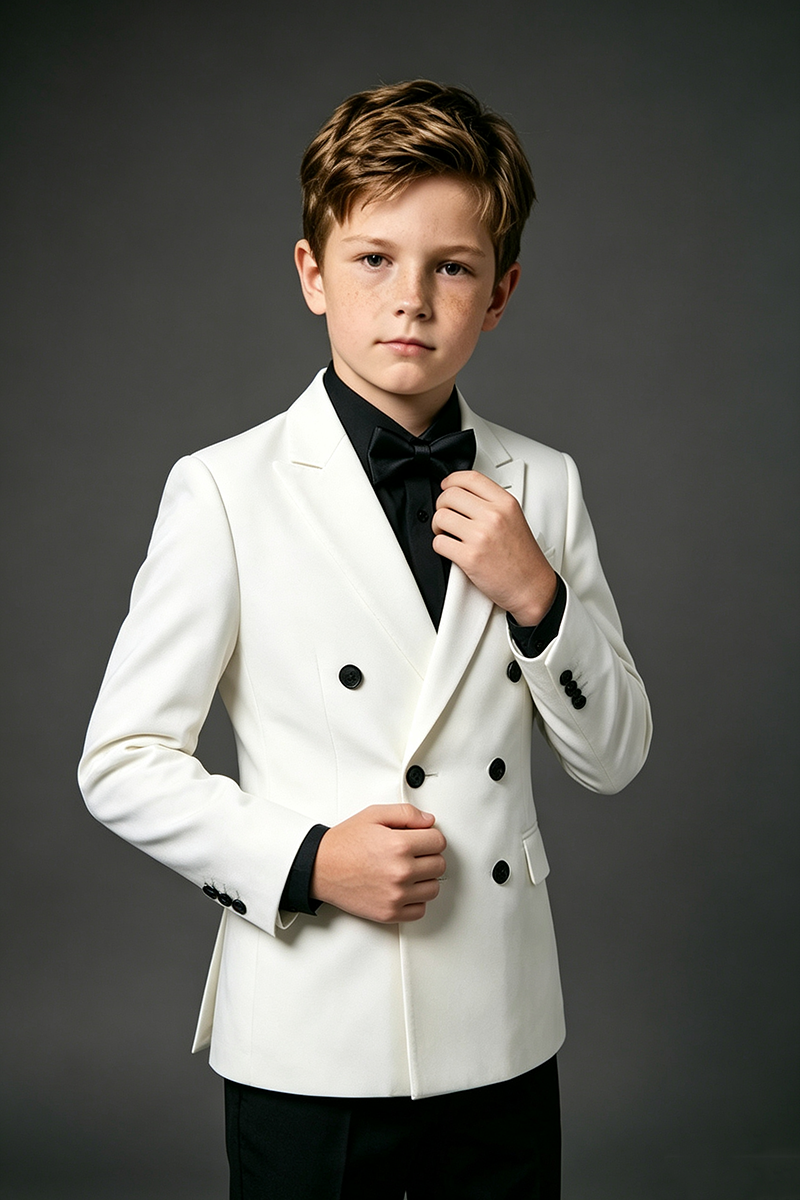 Boys White & Black Double‑Breasted Notch Lapel 2-Piece Suit for Weddings