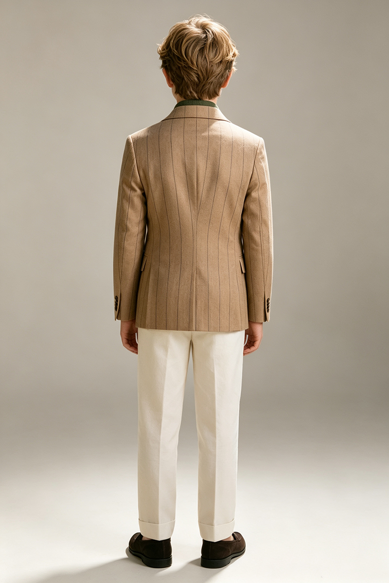Boys Camel Pinstripe Double‑Breasted Notch Lapel 2-Piece Suit for Weddings