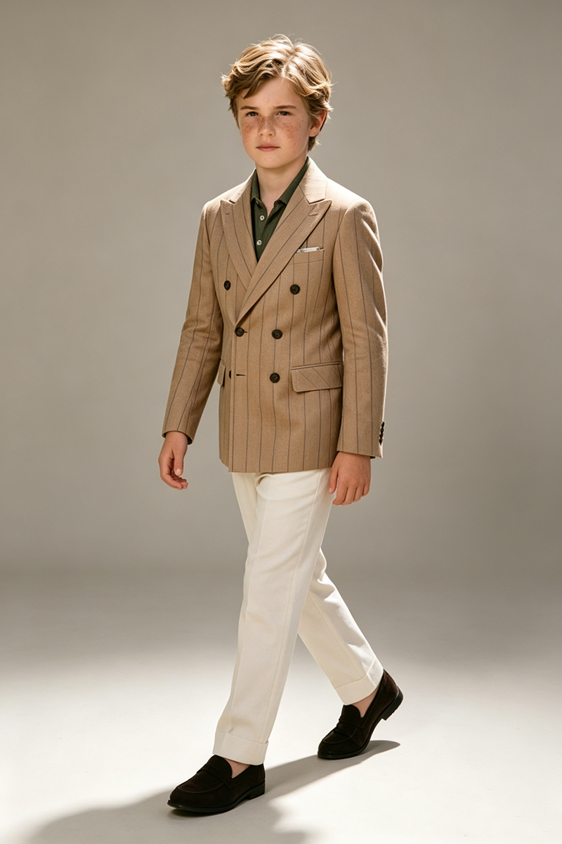 Boys Camel Pinstripe Double‑Breasted Notch Lapel 2-Piece Suit for Weddings