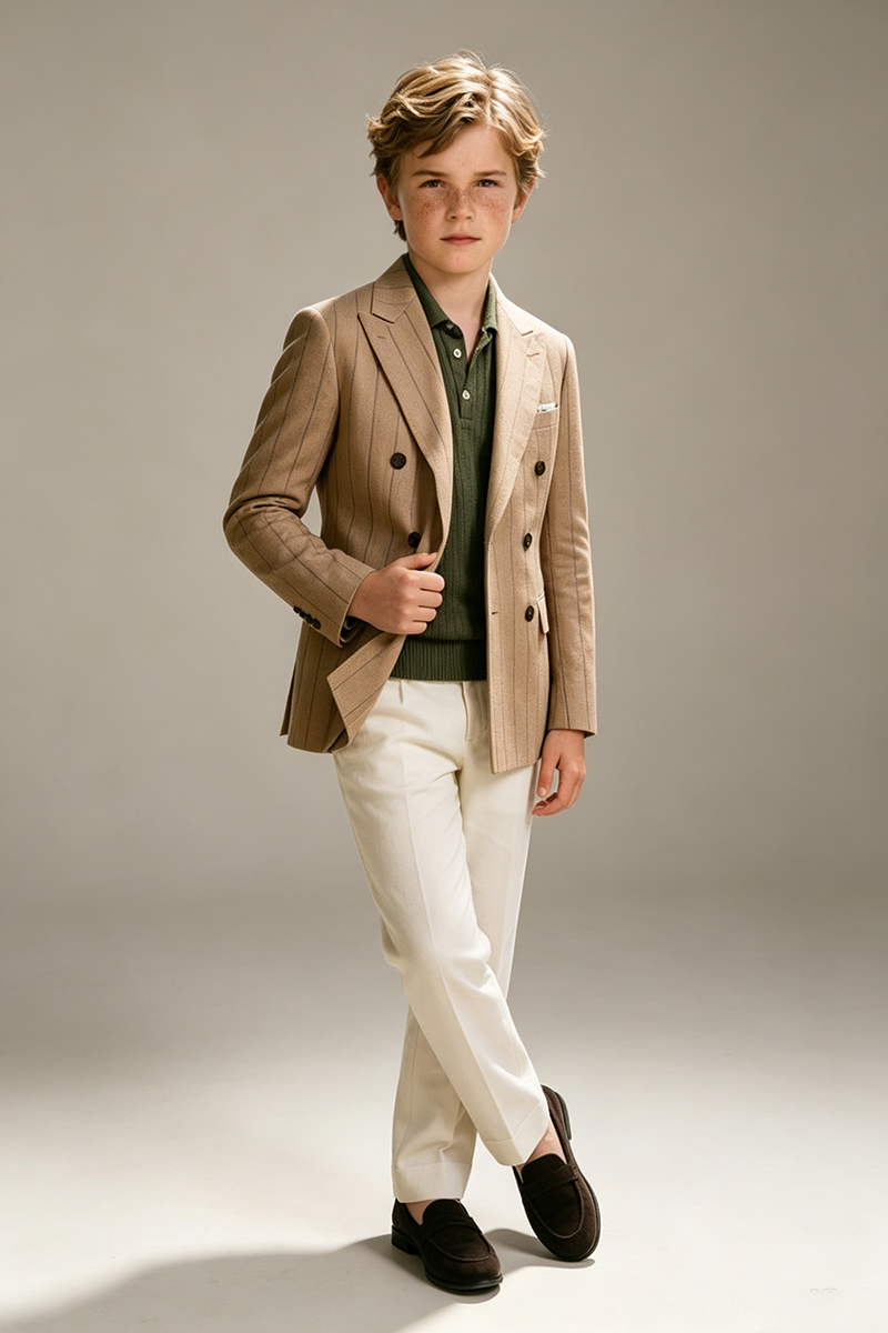 Boys Camel Pinstripe Double‑Breasted Notch Lapel 2-Piece Suit for Weddings