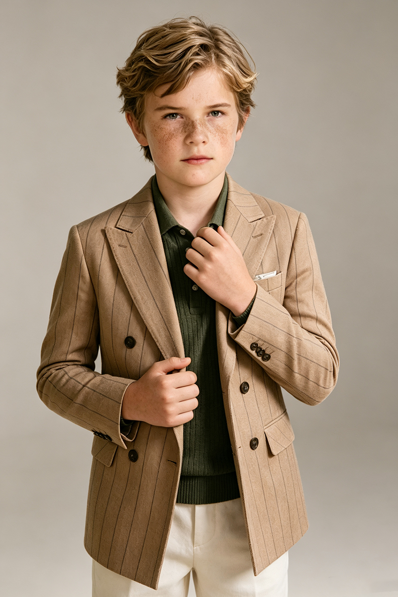 Boys Camel Pinstripe Double‑Breasted Notch Lapel 2-Piece Suit for Weddings