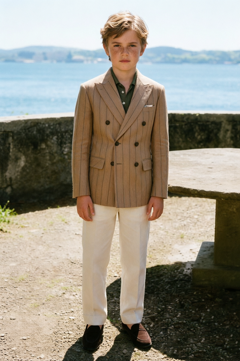 Boys Camel Pinstripe Double‑Breasted Notch Lapel 2-Piece Suit for Weddings
