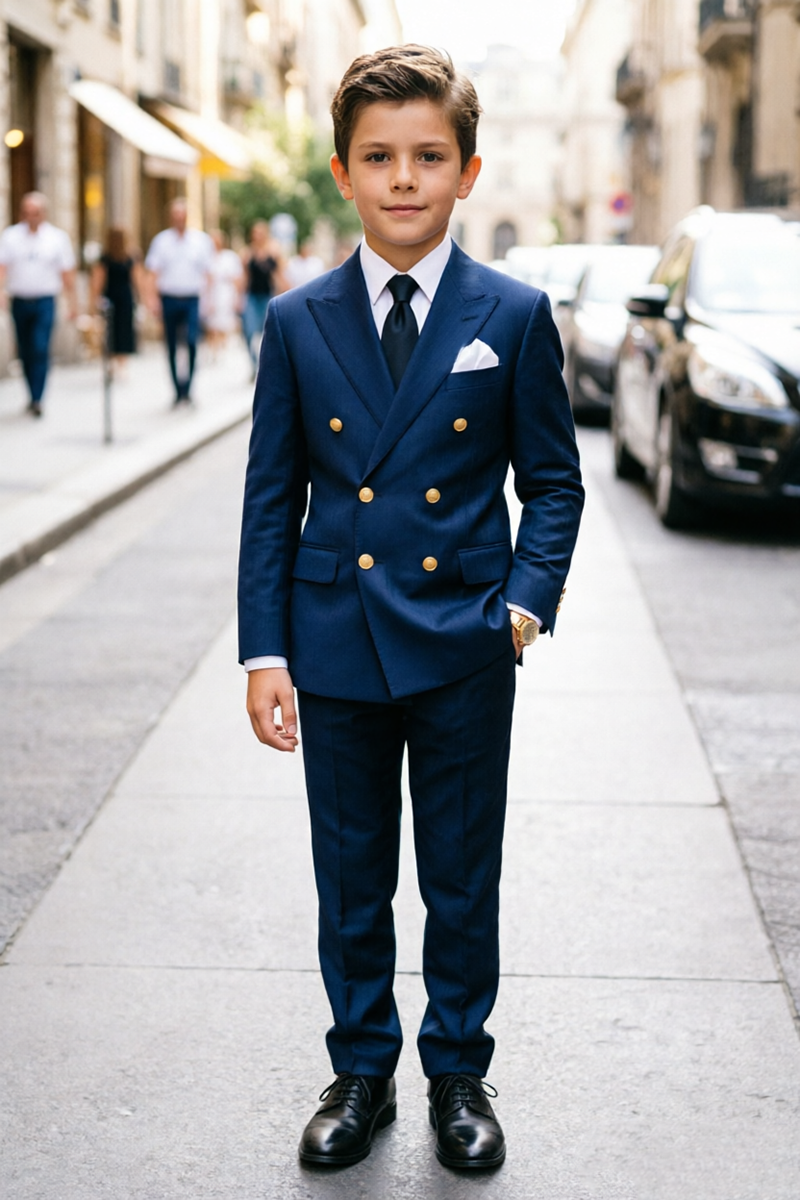 Boys Navy Blue Double‑Breasted Peak Lapel 2-Piece Suit for Weddings