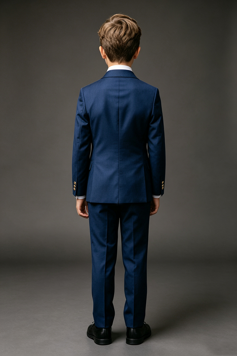 Boys Navy Blue Double‑Breasted Peak Lapel 2-Piece Suit for Weddings
