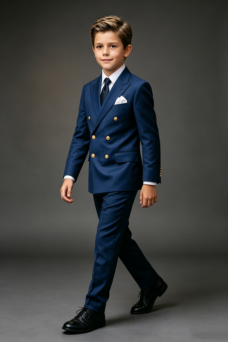 Boys Navy Blue Double‑Breasted Peak Lapel 2-Piece Suit for Weddings