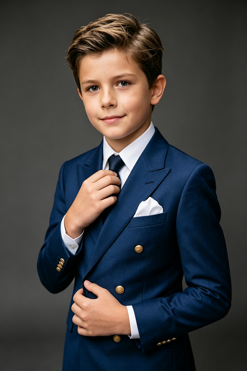 Boys Navy Blue Double‑Breasted Peak Lapel 2-Piece Suit for Weddings