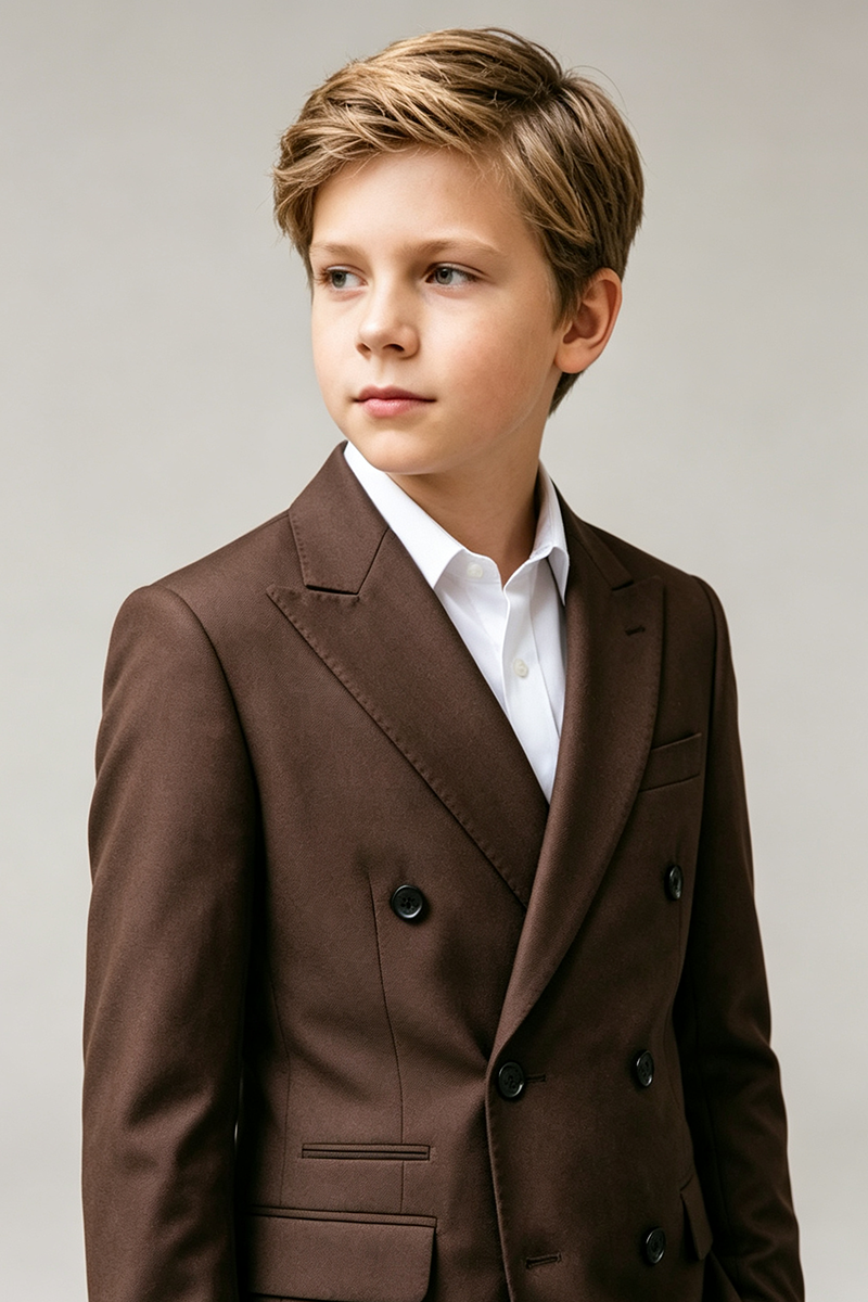 Boys Brown Double‑Breasted Blazer for Weddings with Elegant Peak Lapel