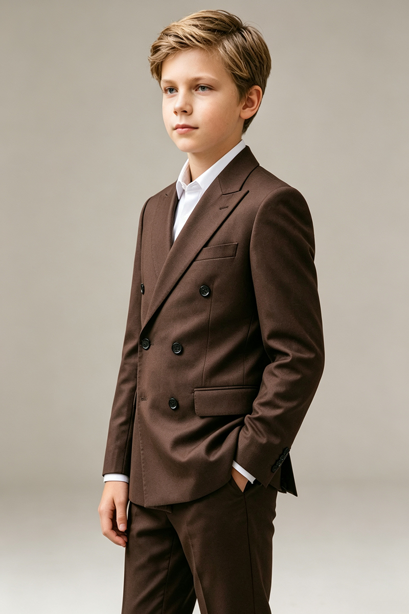 Boys Brown Double‑Breasted Blazer for Weddings with Elegant Peak Lapel