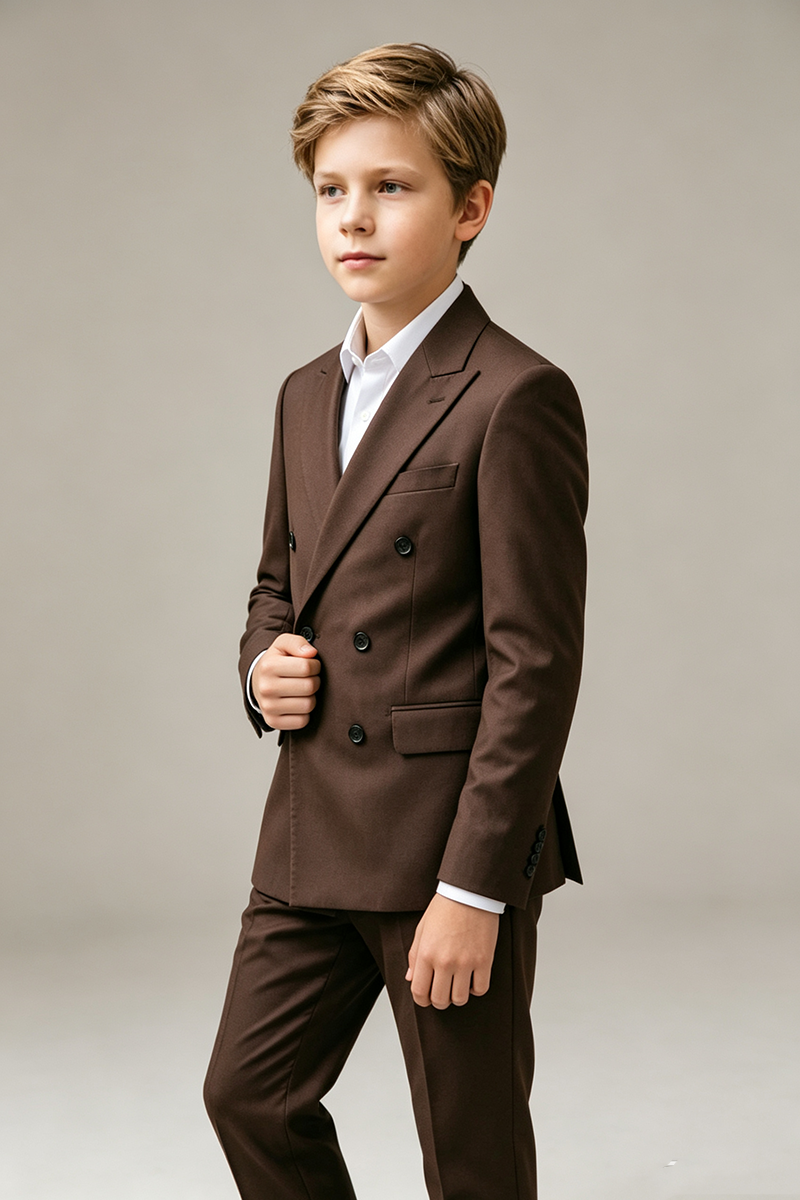 Boys Brown Double‑Breasted Blazer for Weddings with Elegant Peak Lapel