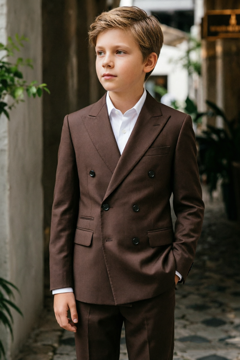 Boys Brown Double‑Breasted Blazer for Weddings with Elegant Peak Lapel