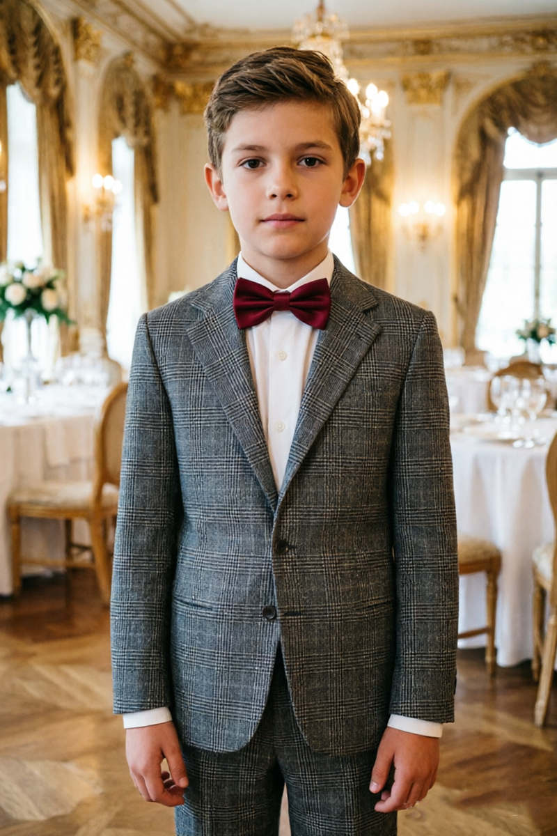 Boys Grey Plaid Blazer for Weddings with Classic Notch Lapel