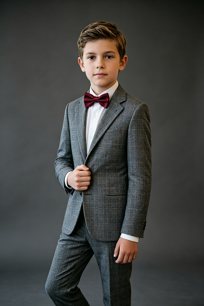 Boys Grey Plaid Blazer for Weddings with Classic Notch Lapel