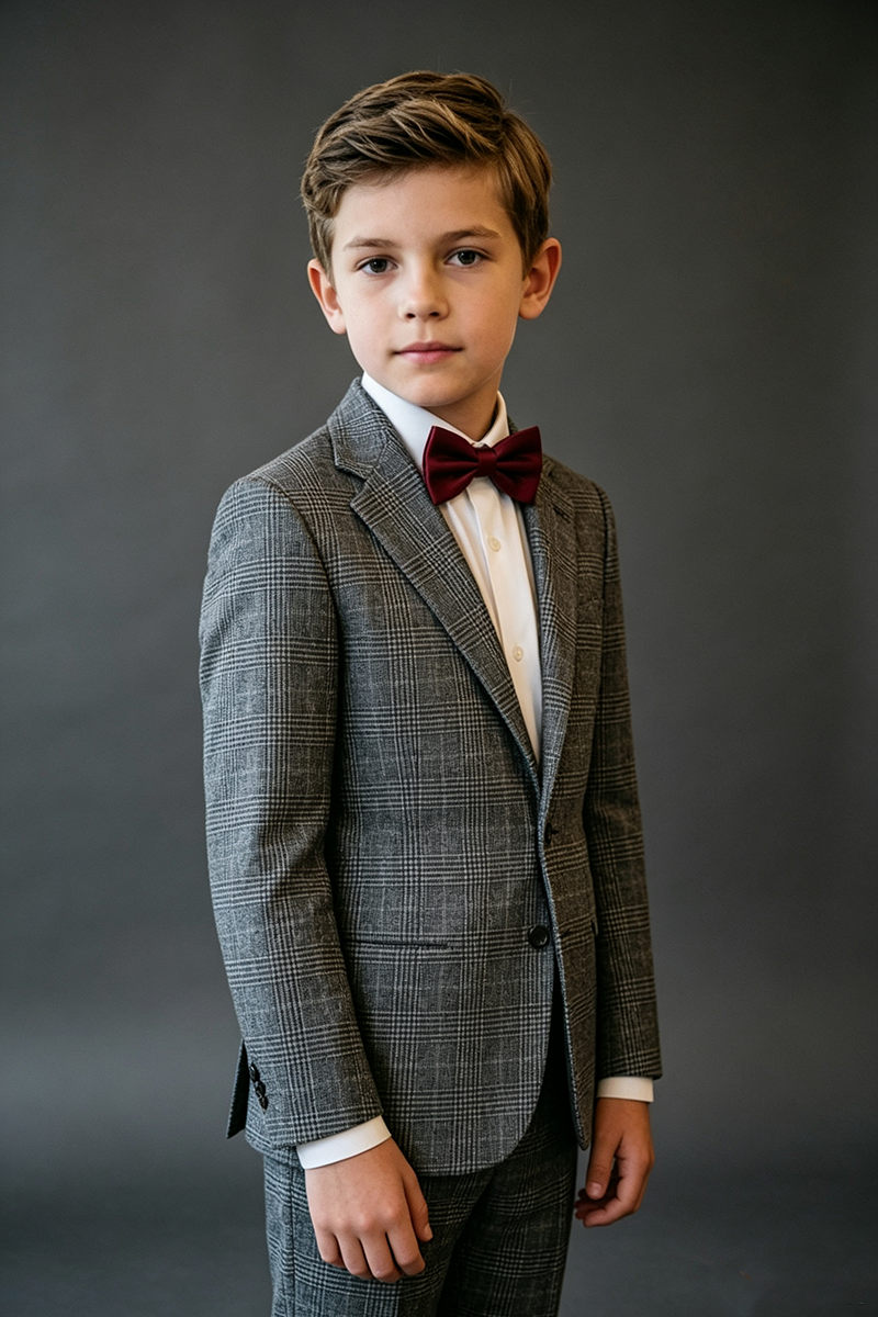 Boys Grey Plaid Blazer for Weddings with Classic Notch Lapel