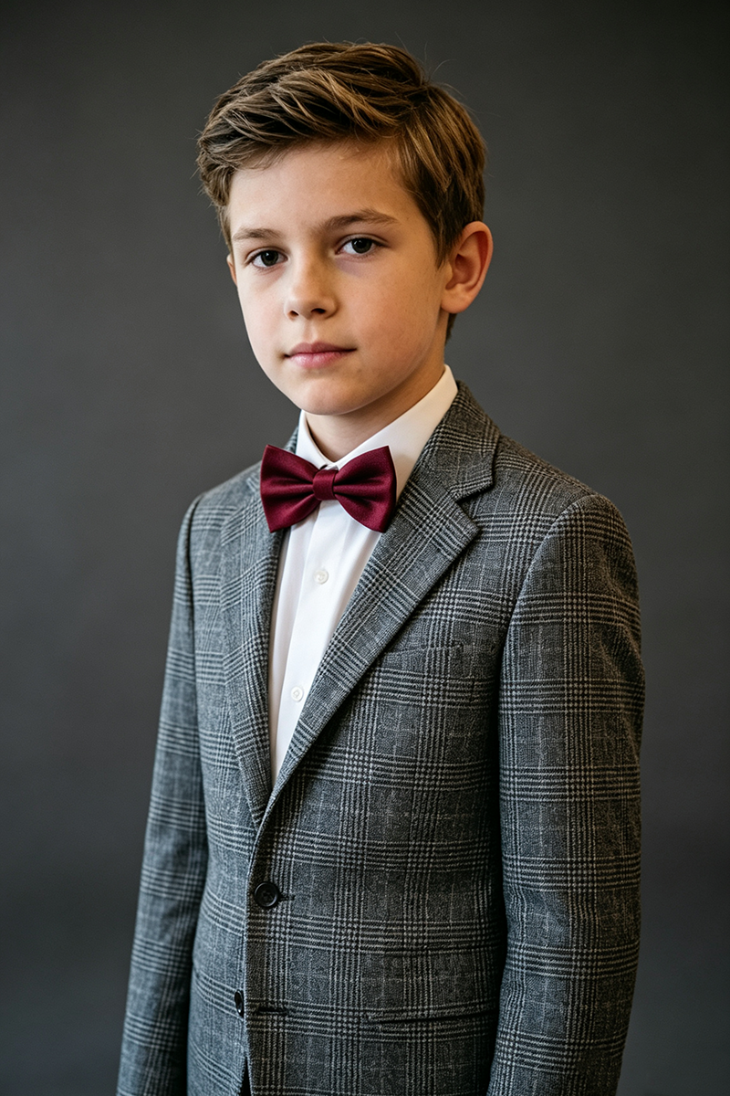Boys Grey Plaid Blazer for Weddings with Classic Notch Lapel